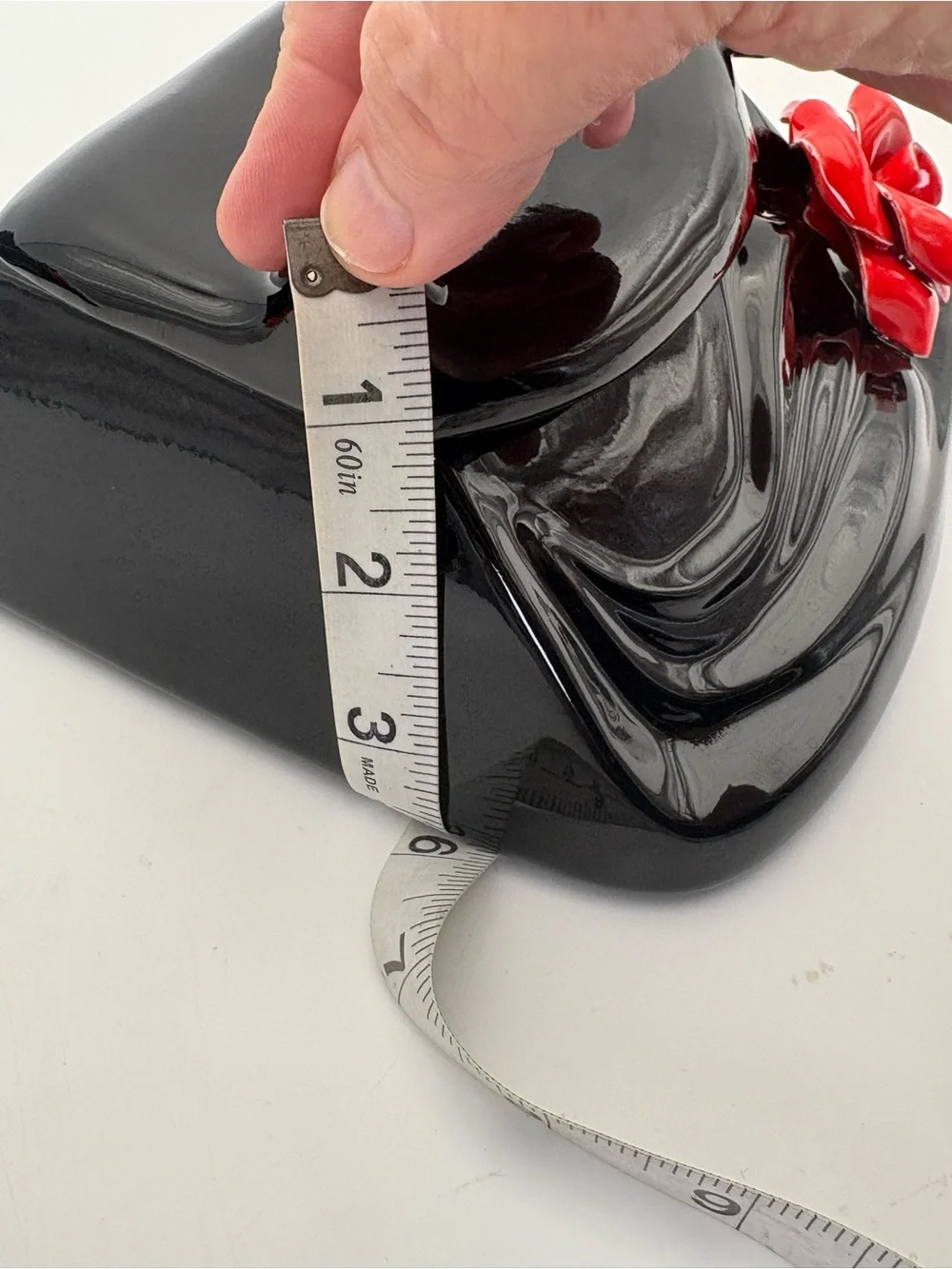 Art Deco Style Black Ceramic and Red Rose Lidded Box and Open Container